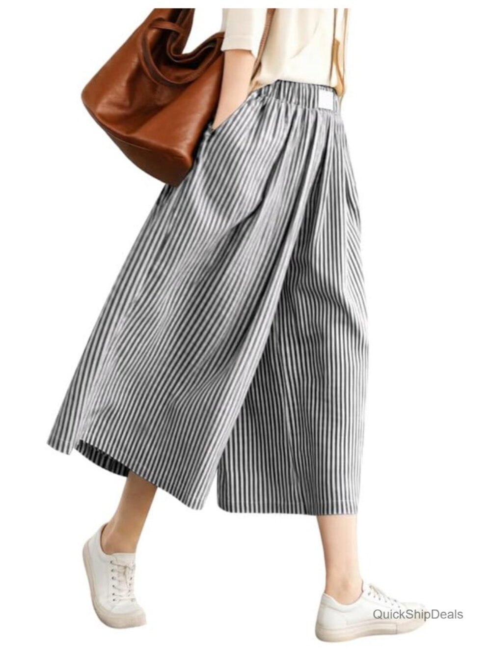 Women's Cotton Capri Pants Striped Elastic Waist Wide Leg Palazzo Pockets S-2XL